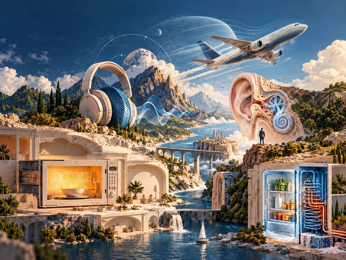 A miniature world of everyday wonders: giant headphones sending out sound waves, a plane in the sky, a cutaway ear, a glowing microwave and a see-through refrigerator by the sea